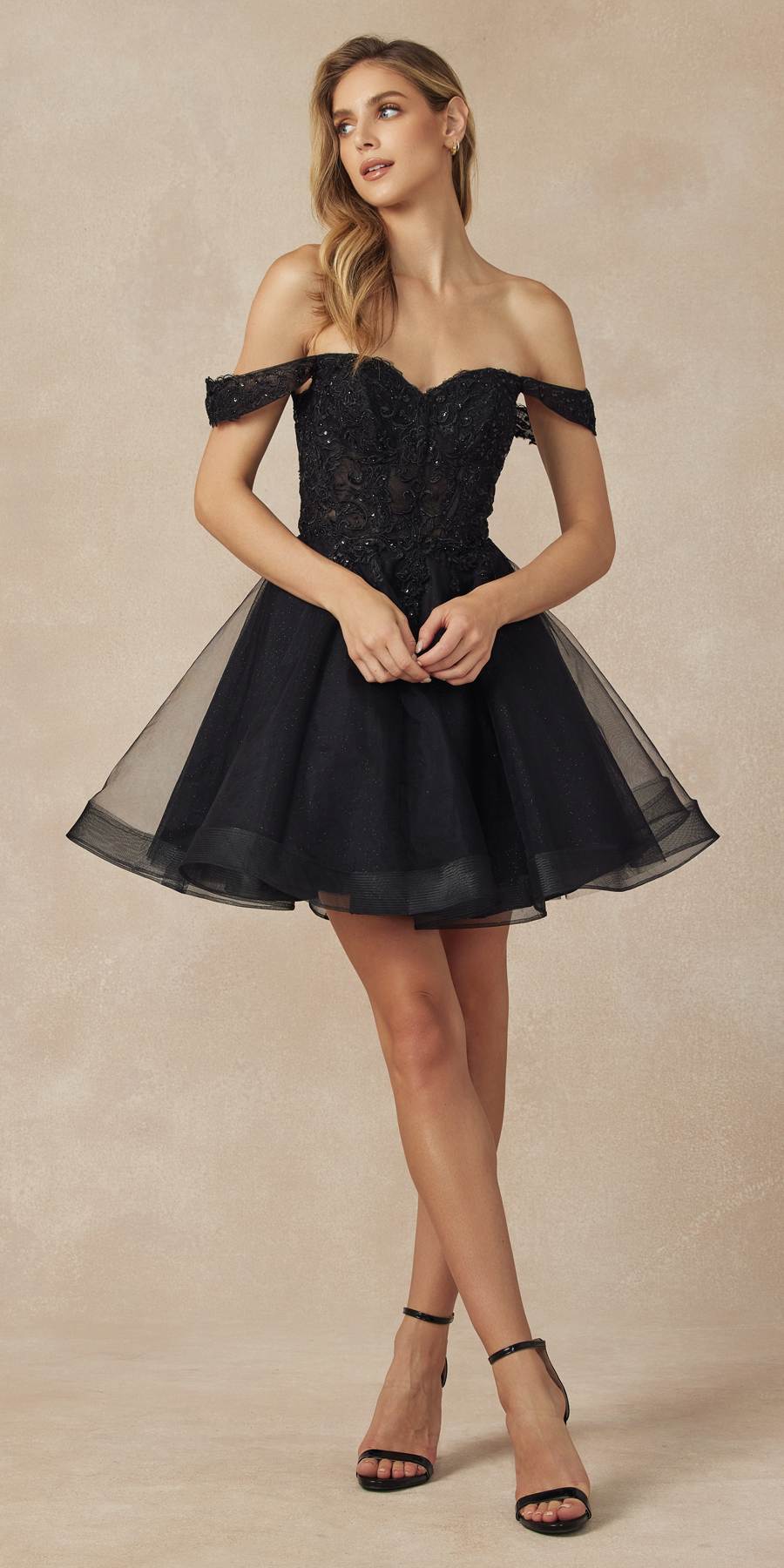 Juliet 880 Glitter Tulle A-Line Cold-Shoulder Homecoming Dress.