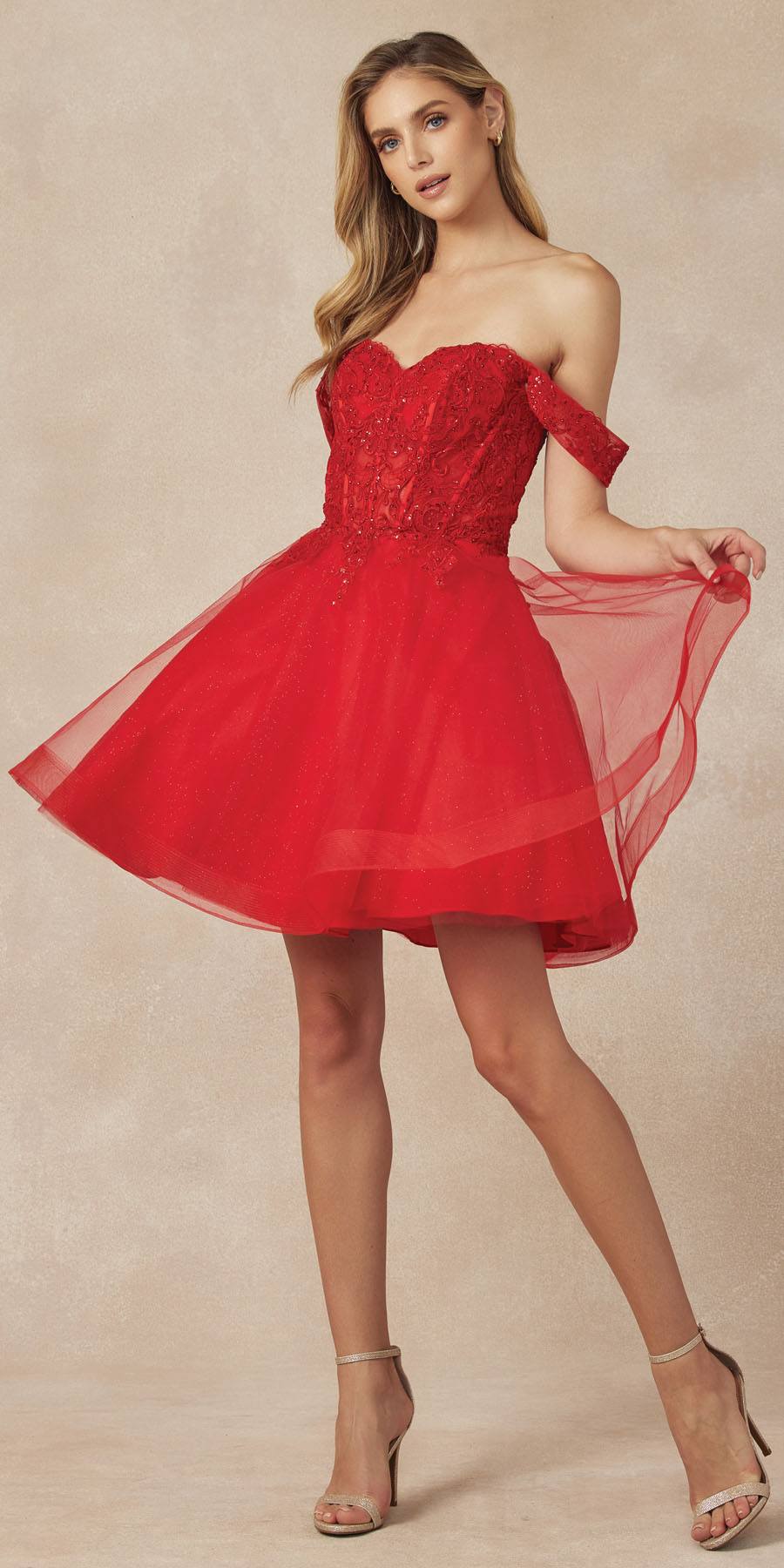 Juliet 880 Glitter Tulle A-Line Cold-Shoulder Homecoming Dress.