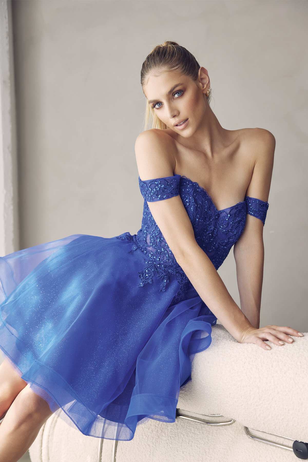 Juliet 880 Glitter Tulle A-Line Cold-Shoulder Homecoming Dress.