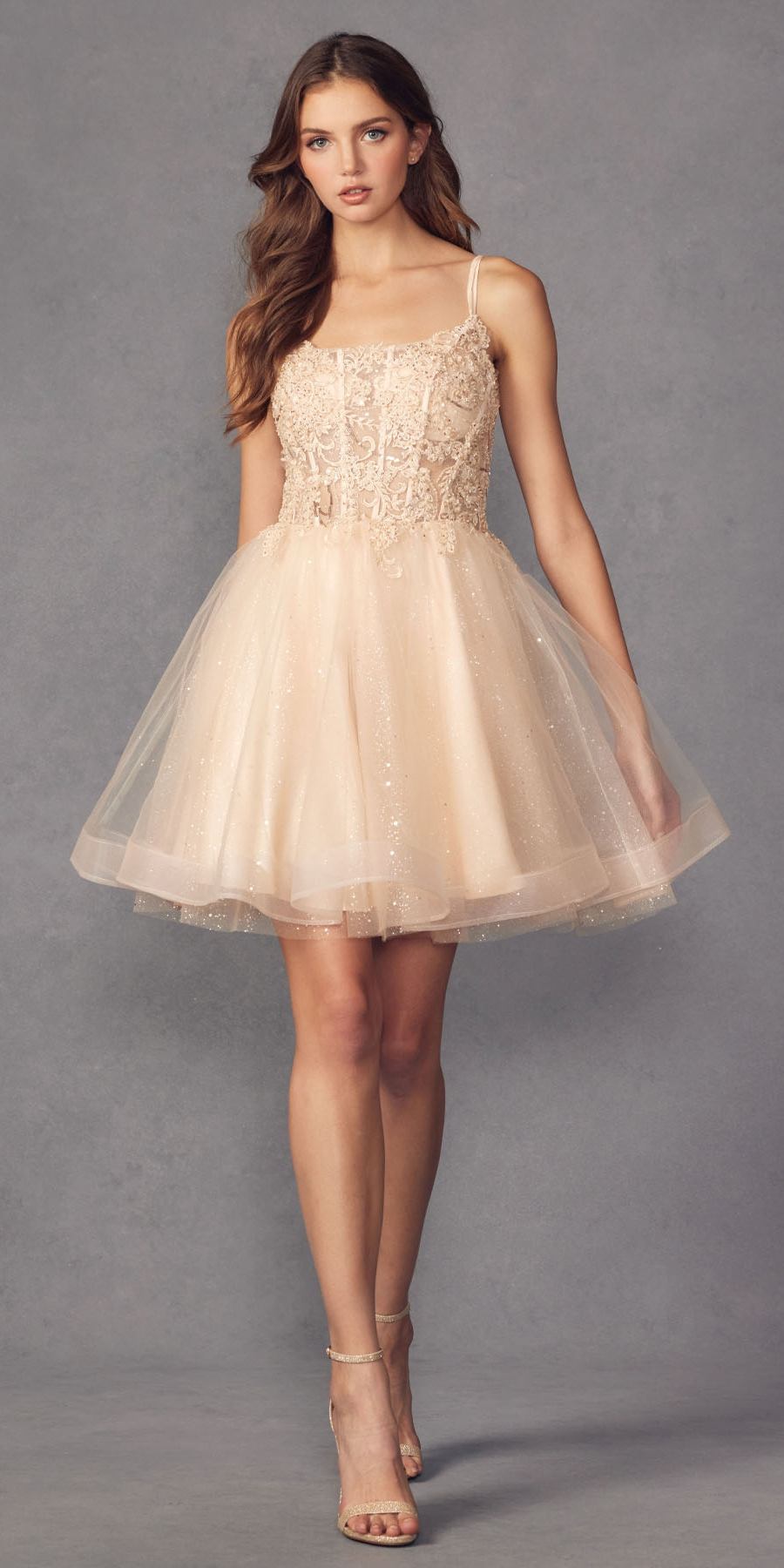 Juliet 883 Short A-Line Glitter Tulle Skirt Square Neck Thin Strap Dress