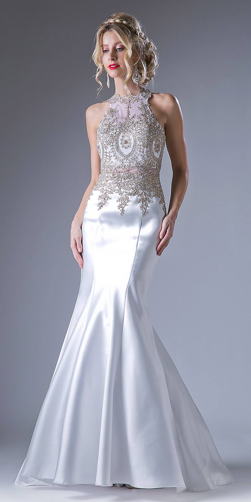 Cinderella Divine 8934 Embroidered Bodice Mermaid Gown Cut Out Back