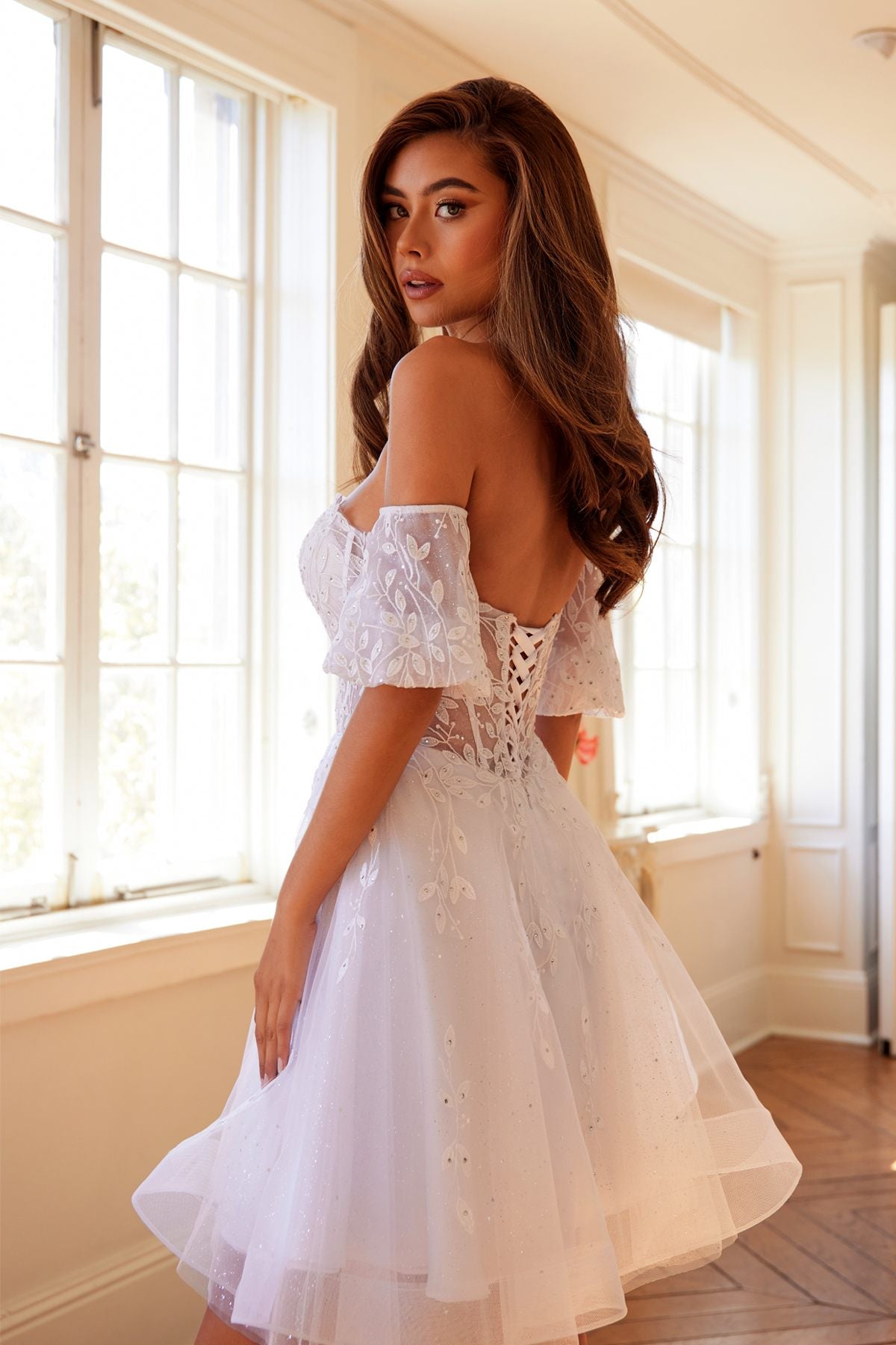 Juliet 909 Short A-Line Glitter Print Dress Removable Short Puff Sleeves