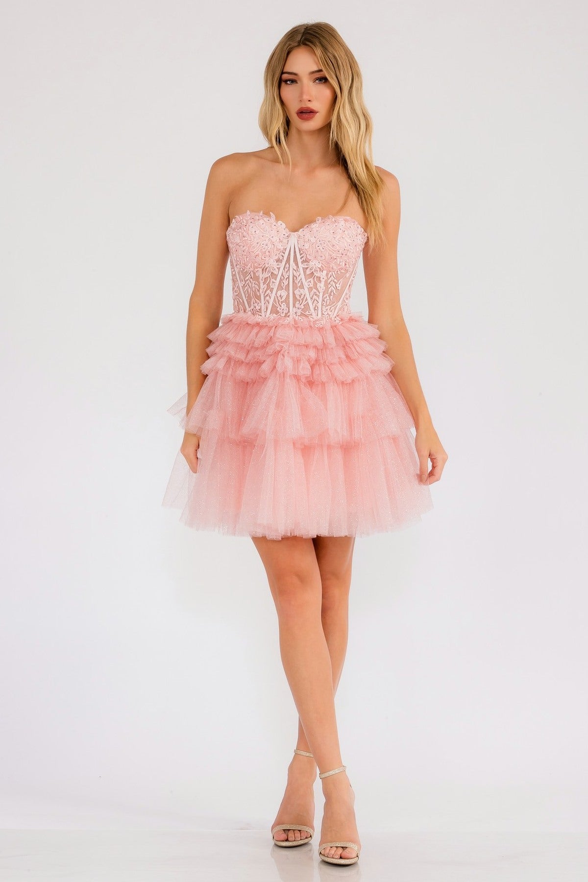 Juliet JT918A Dress Strapless Cocktail Leaf Lace Corset Bodice Ruffle Skirt