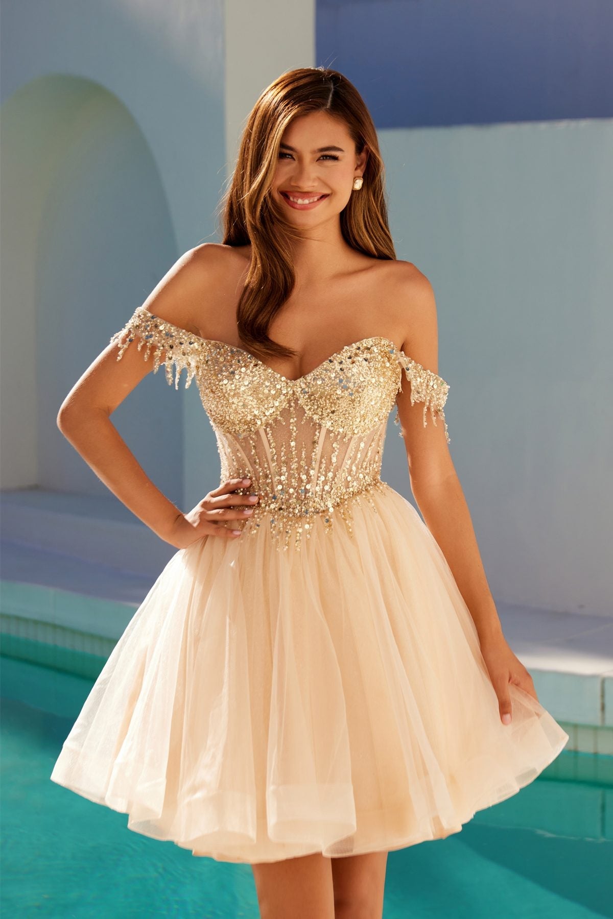 Juliet JT947L Short Off the Shoulder Homecoming A-Line Dress