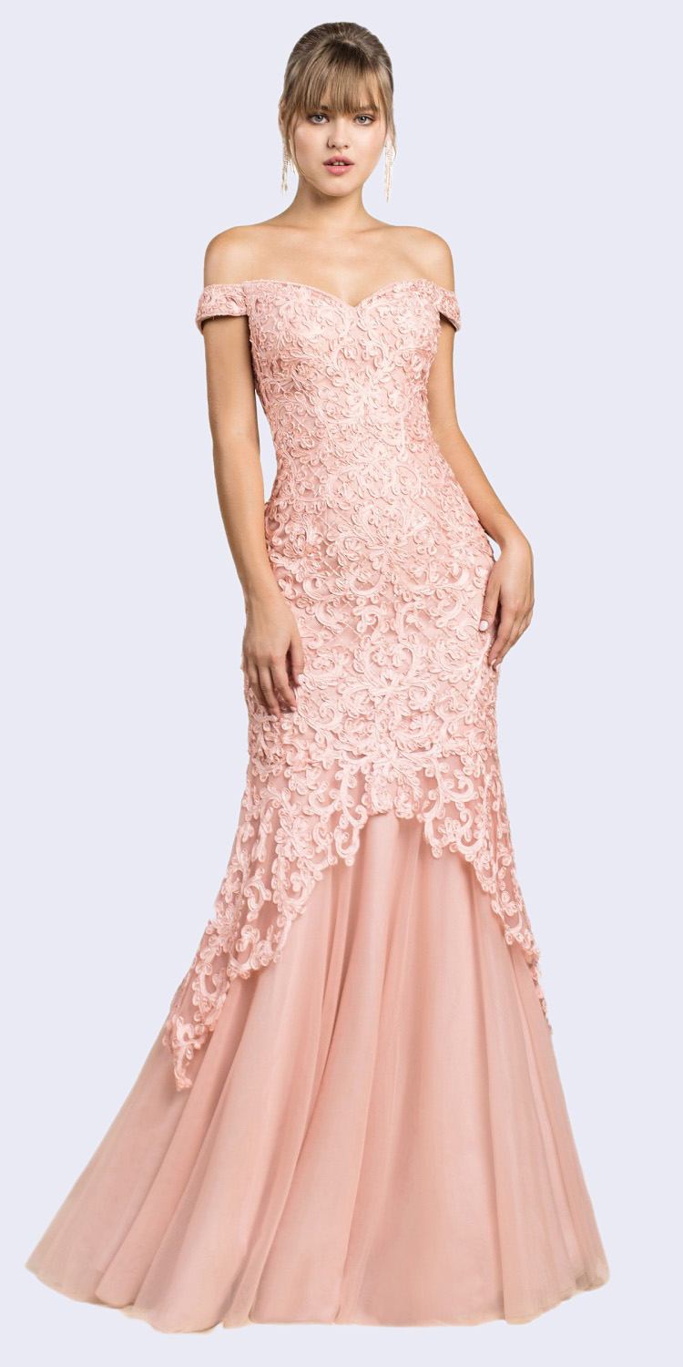 Cinderella Divine A0401 Off-Shoulder Mermaid Dress Lace Overlay Tulle Skirt