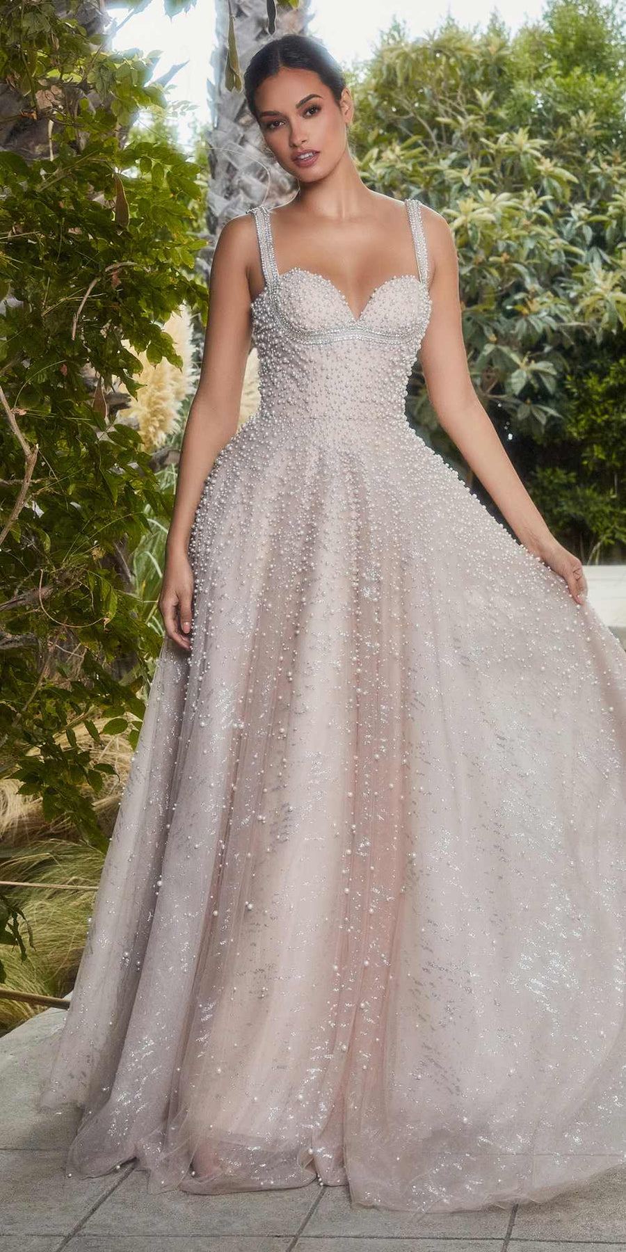 Andrea & Leo A1180 Long Pearleque Ball Gown with Crystal Strap