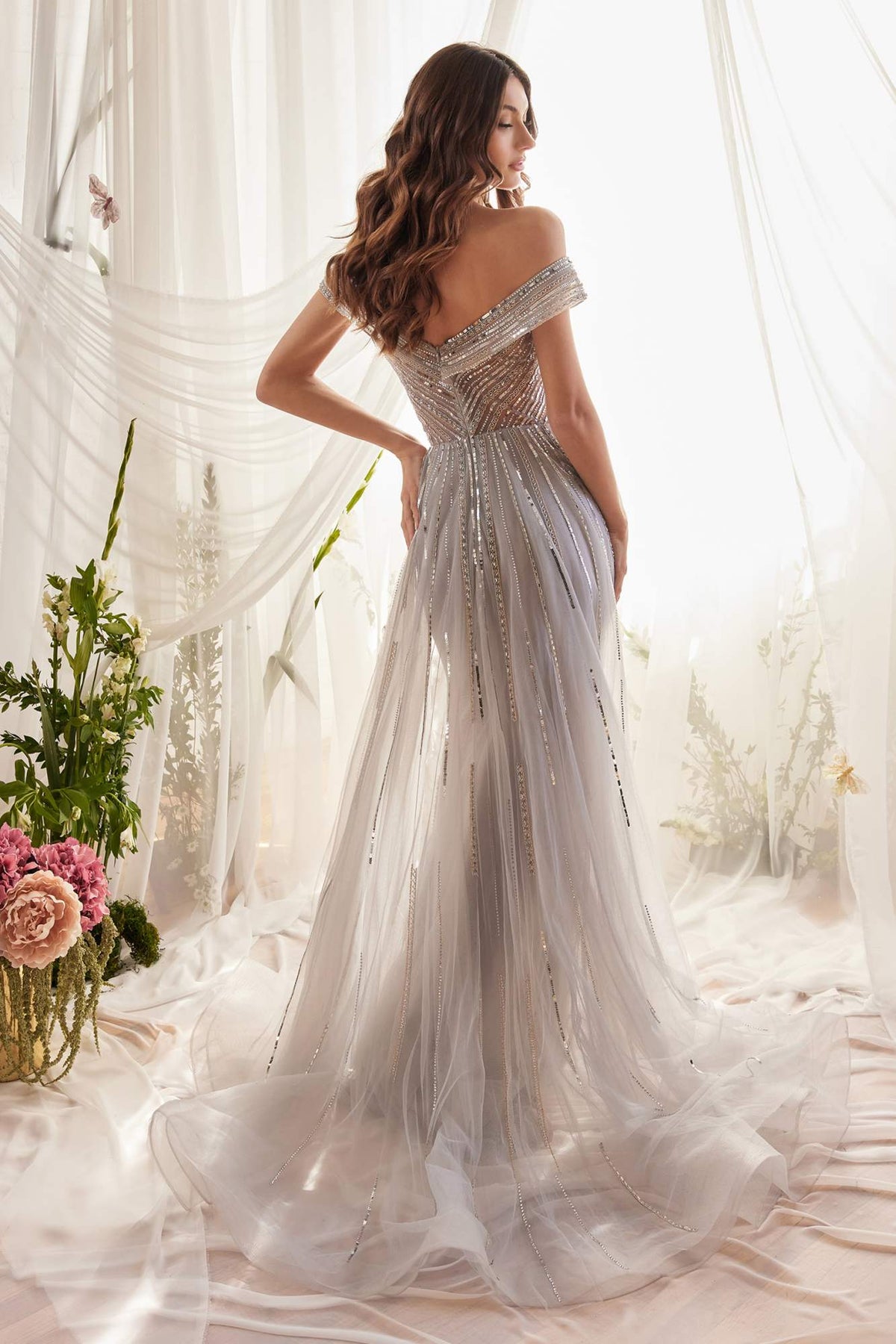 Andrea & Leo A1182 Floor Length Silver Siren Bead Gown with Overskirt