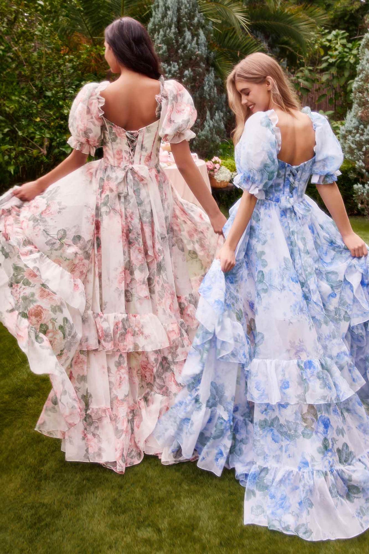 Andrea & Leo A1336 Long Floral Print Puff Sleeve A-line Gown