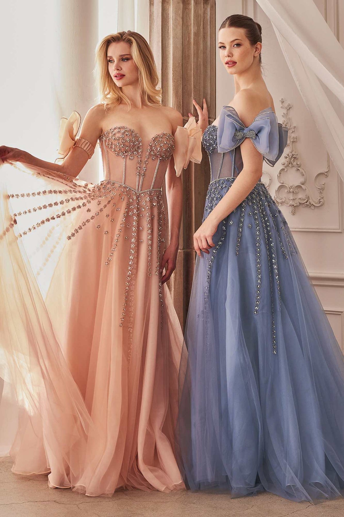 Andrea & Leo A1338 Long Strapless Beaded Gown with Bow Arm Bands