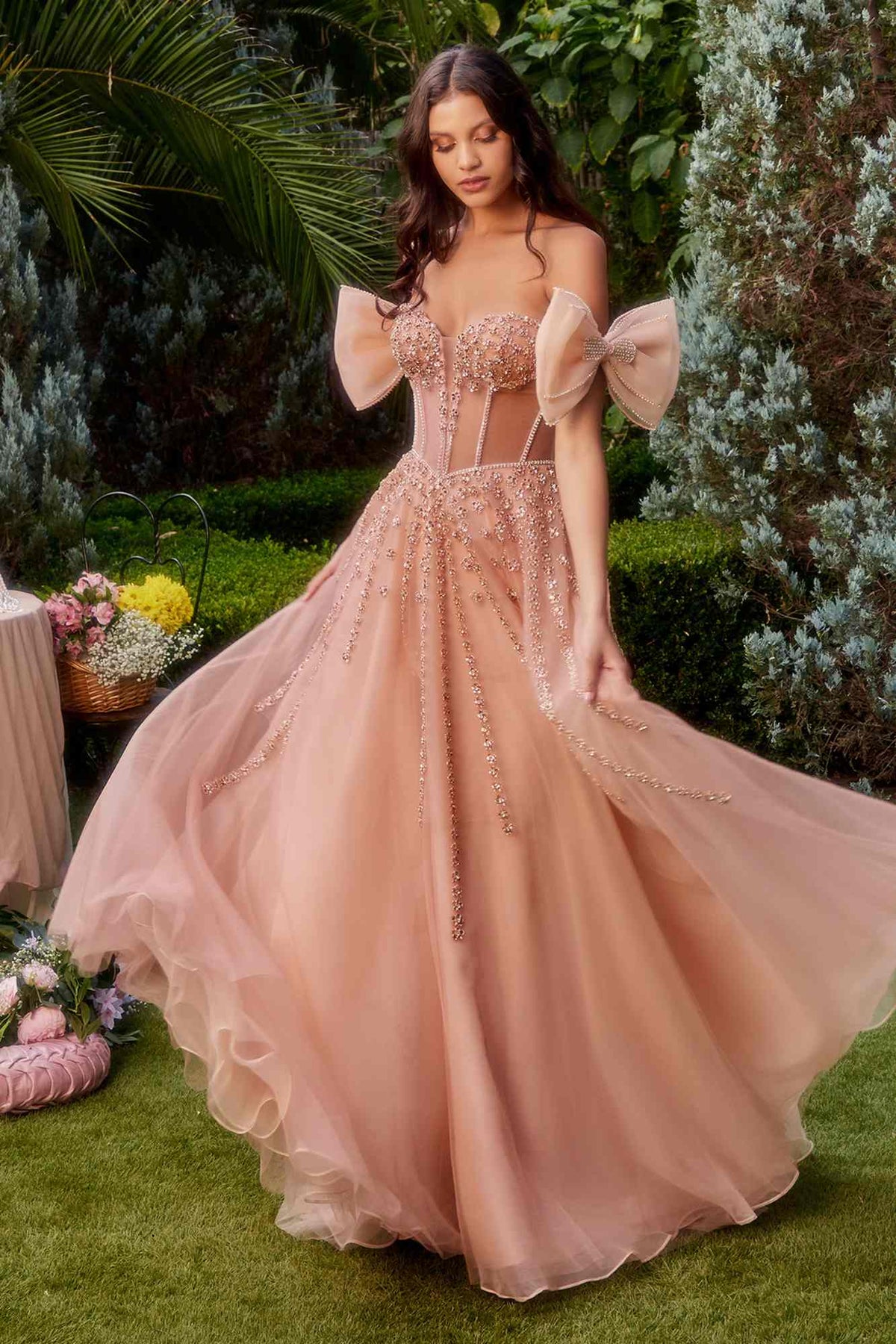 Andrea & Leo A1338 Long Strapless Beaded Gown with Bow Arm Bands
