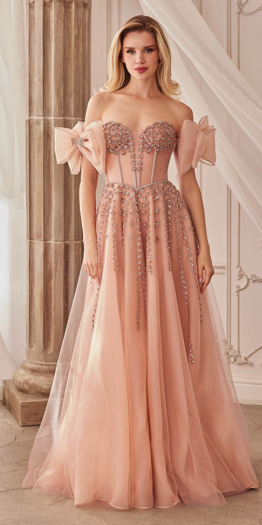 Andrea & Leo A1338 Long Strapless Beaded Gown with Bow Arm Bands