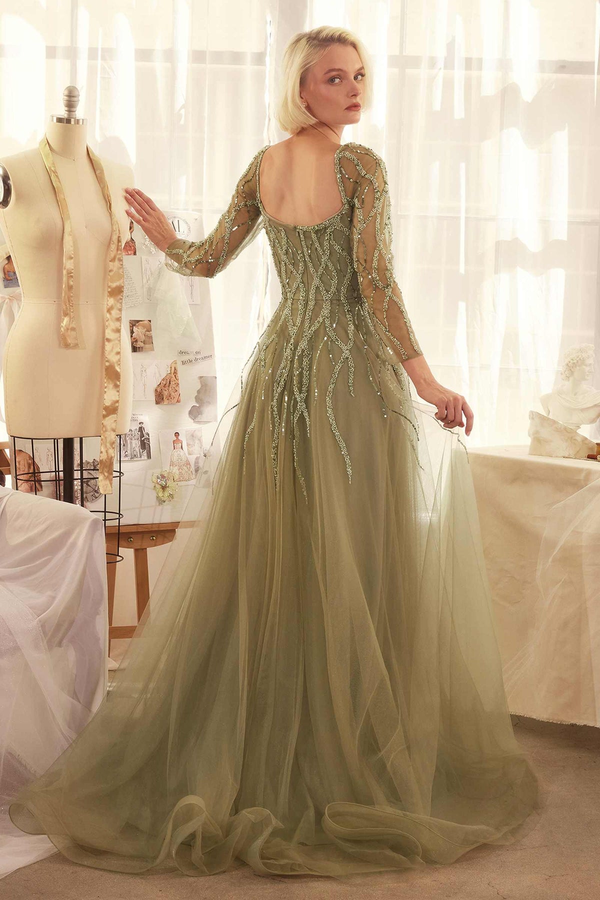 Andrea & Leo A1367 Dress Sequin Embellished Long Sleeve A-Line Gown
