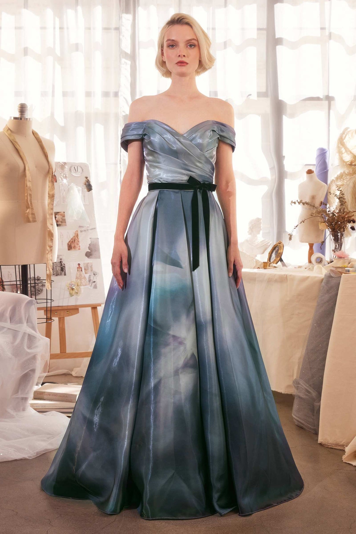 Andrea & Leo A1431 Dress Print Off The Shoulder Satin Ball Gown