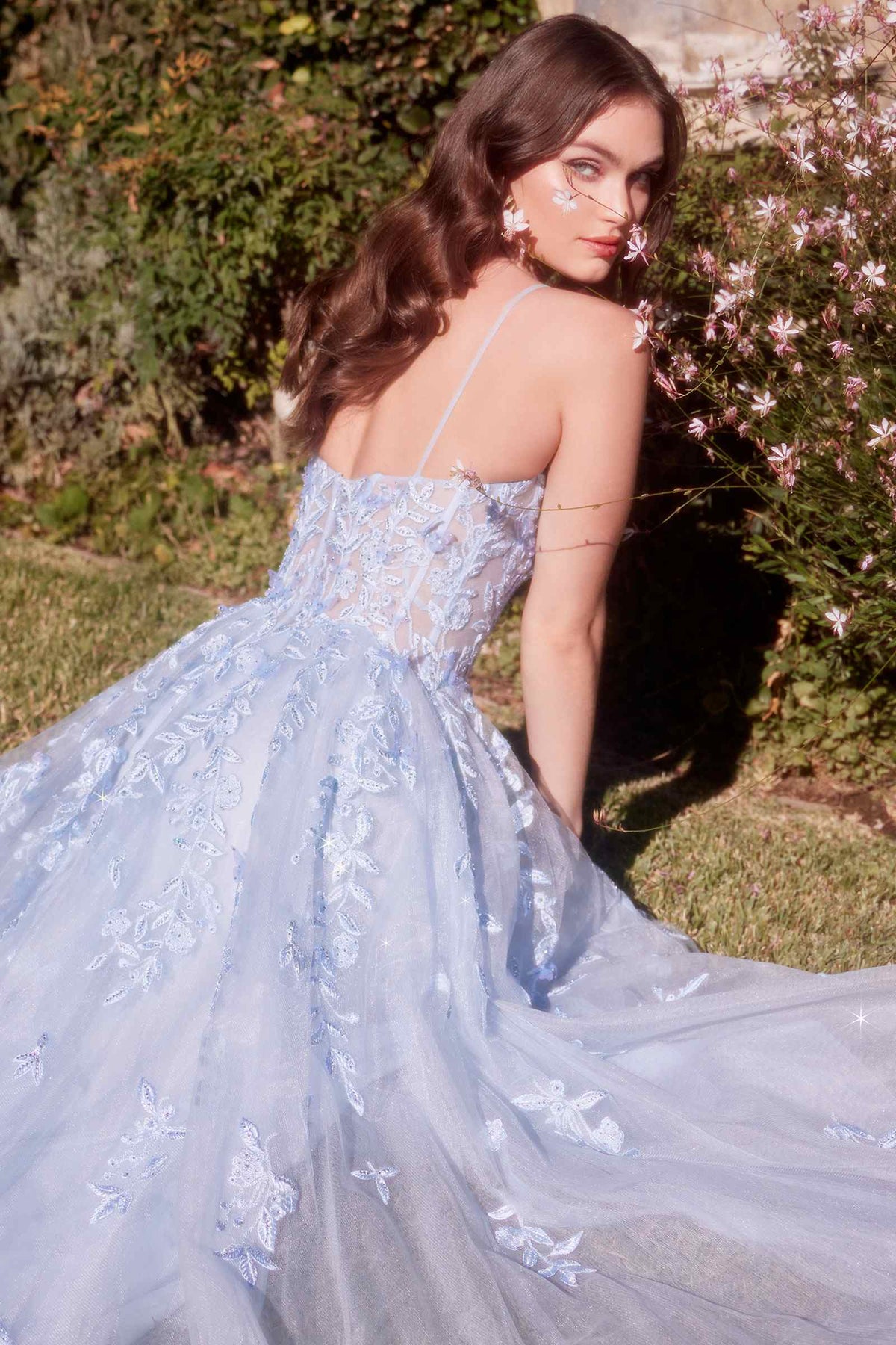 Andrea & Leo A1437 Dress Light Blue Leaf Motif Appliqued A-Line Gown