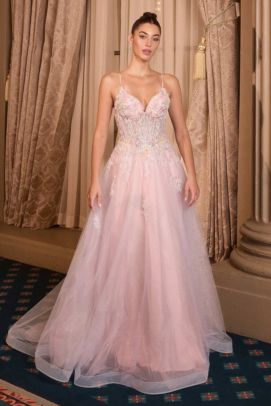 Andrea & Leo A1477 Deep V-Neck Floral Print Applique A-Line Ball Gown