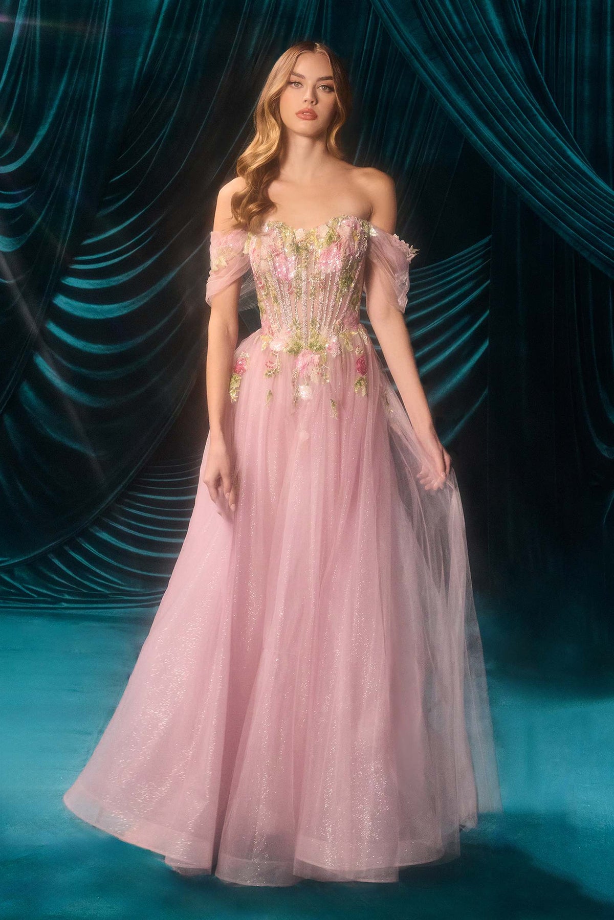 Andrea & Leo A1479 Long A-Line Off Shoulder 3D Floral Applique Gown