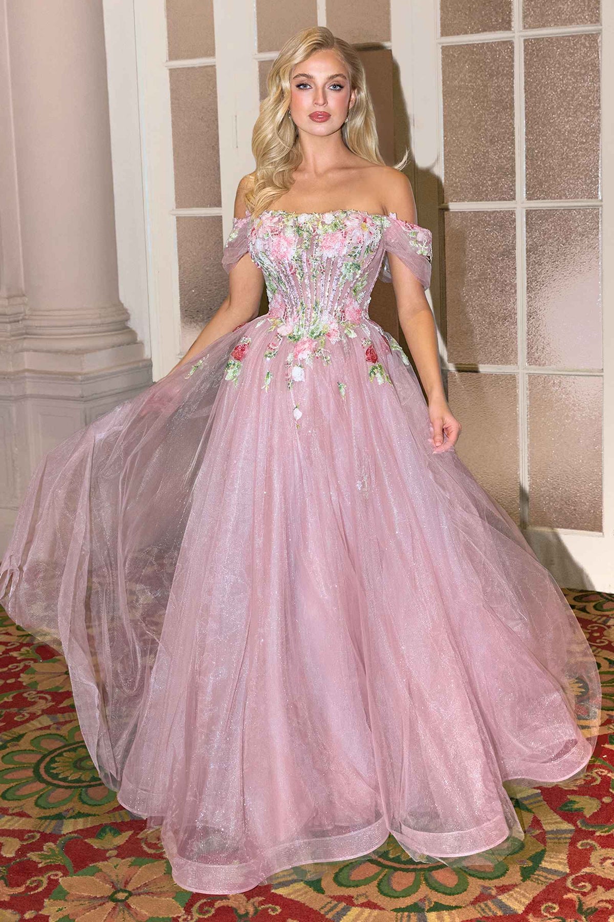 Andrea & Leo A1479 Long A-Line Off Shoulder 3D Floral Applique Gown
