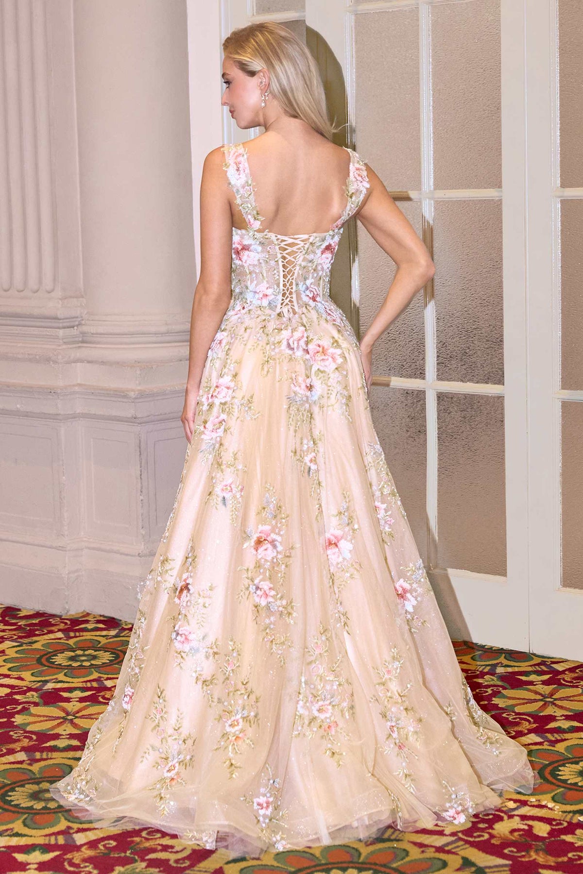 Andrea & Leo A1480 Long A-Line Floral Embroidered Straps Tulle Gown