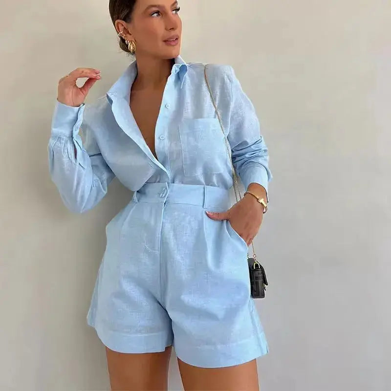 Loose Long Sleeve Blouse & Casual Short Set