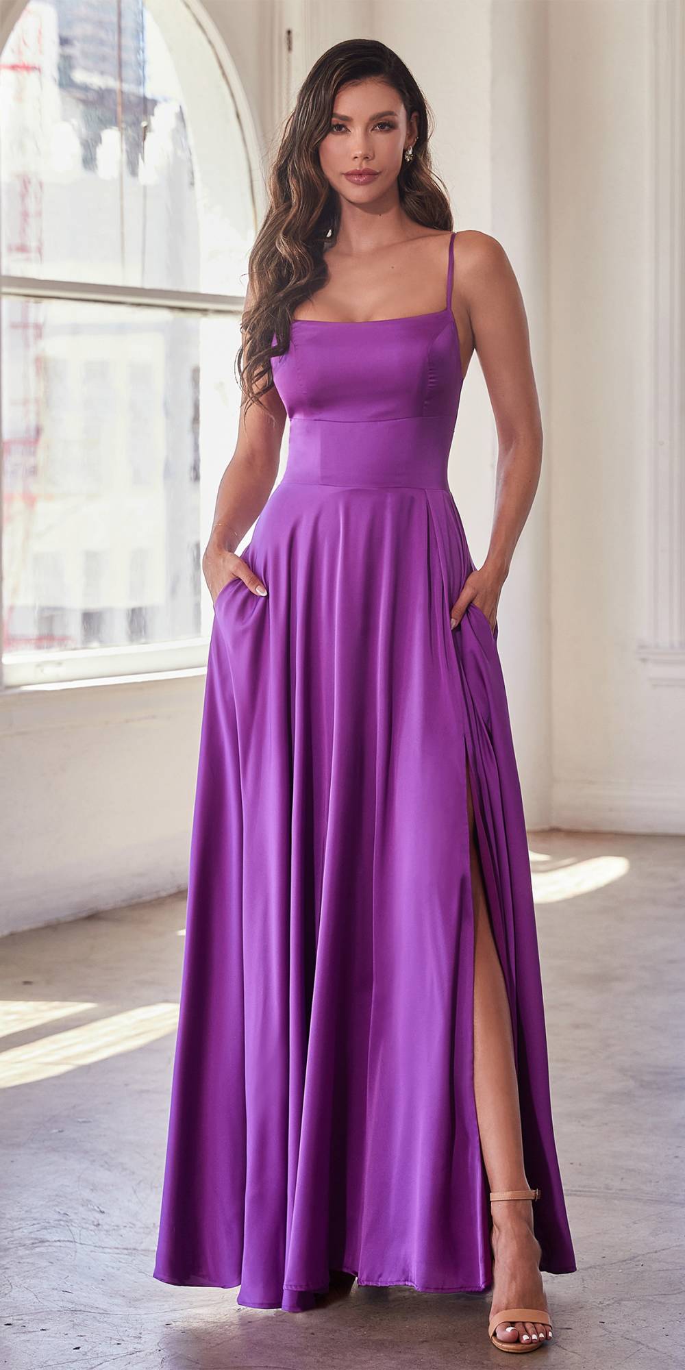 Ladivine B8402 Long Square Neck Pockets Satin A-Line Gown
