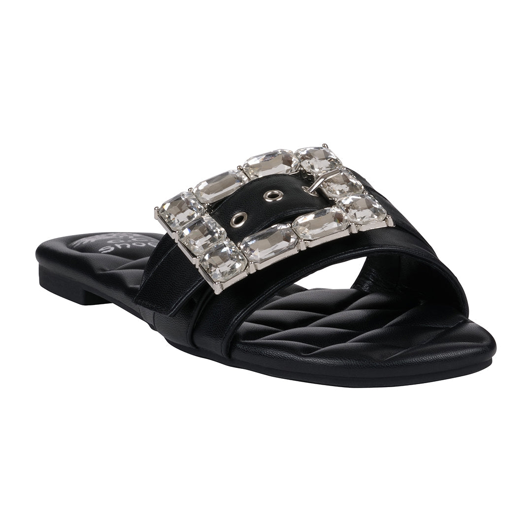 Women's Bianca Black Rhinestone Buckle Flat Sandals