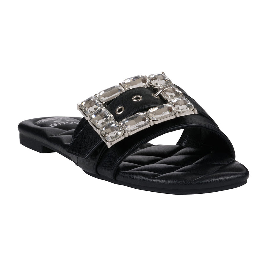 Women's Bianca Black Rhinestone Buckle Flat Sandals