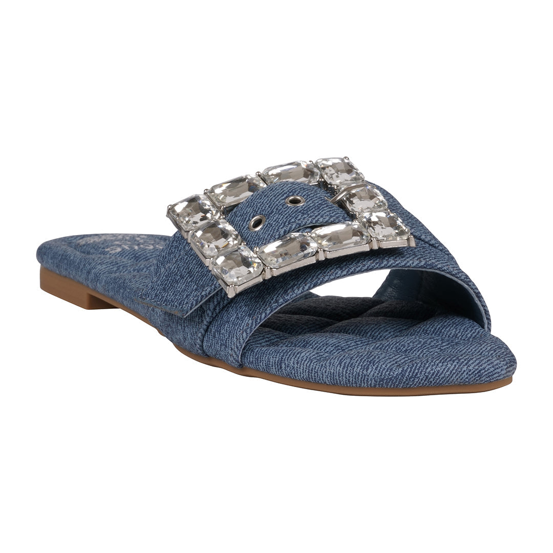 Women's Bianca Denim Rhinestone Buckle Flat Sandals