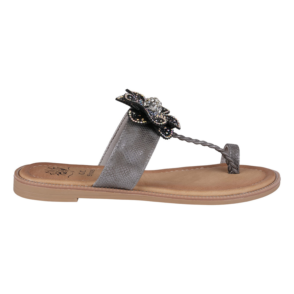 Women's Blossom Black Embellished Flower Toe Ring Flat Sandals