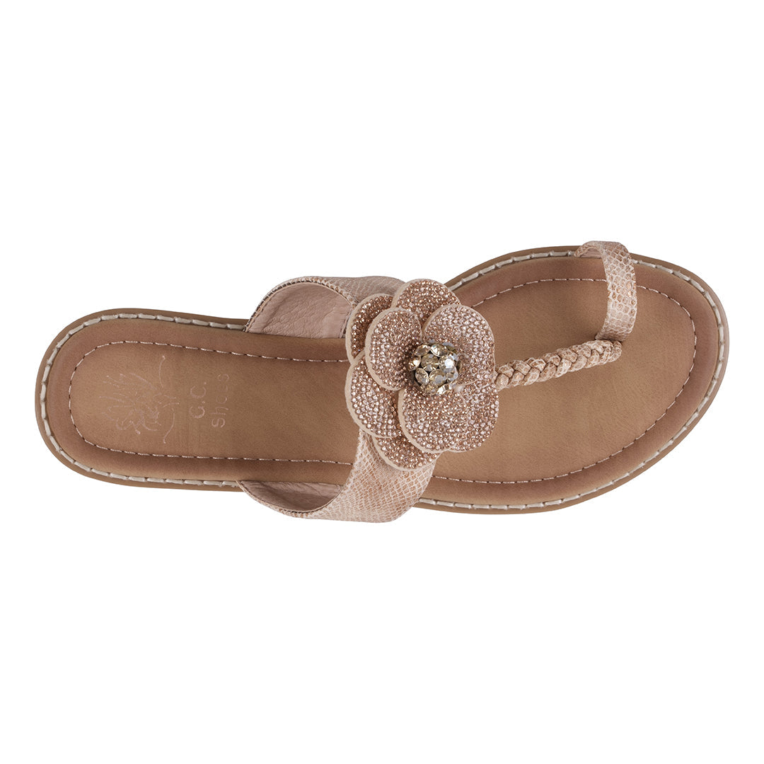 Women's Blossom Rose Gold Embellished Flower Toe Ring Flat Sandals