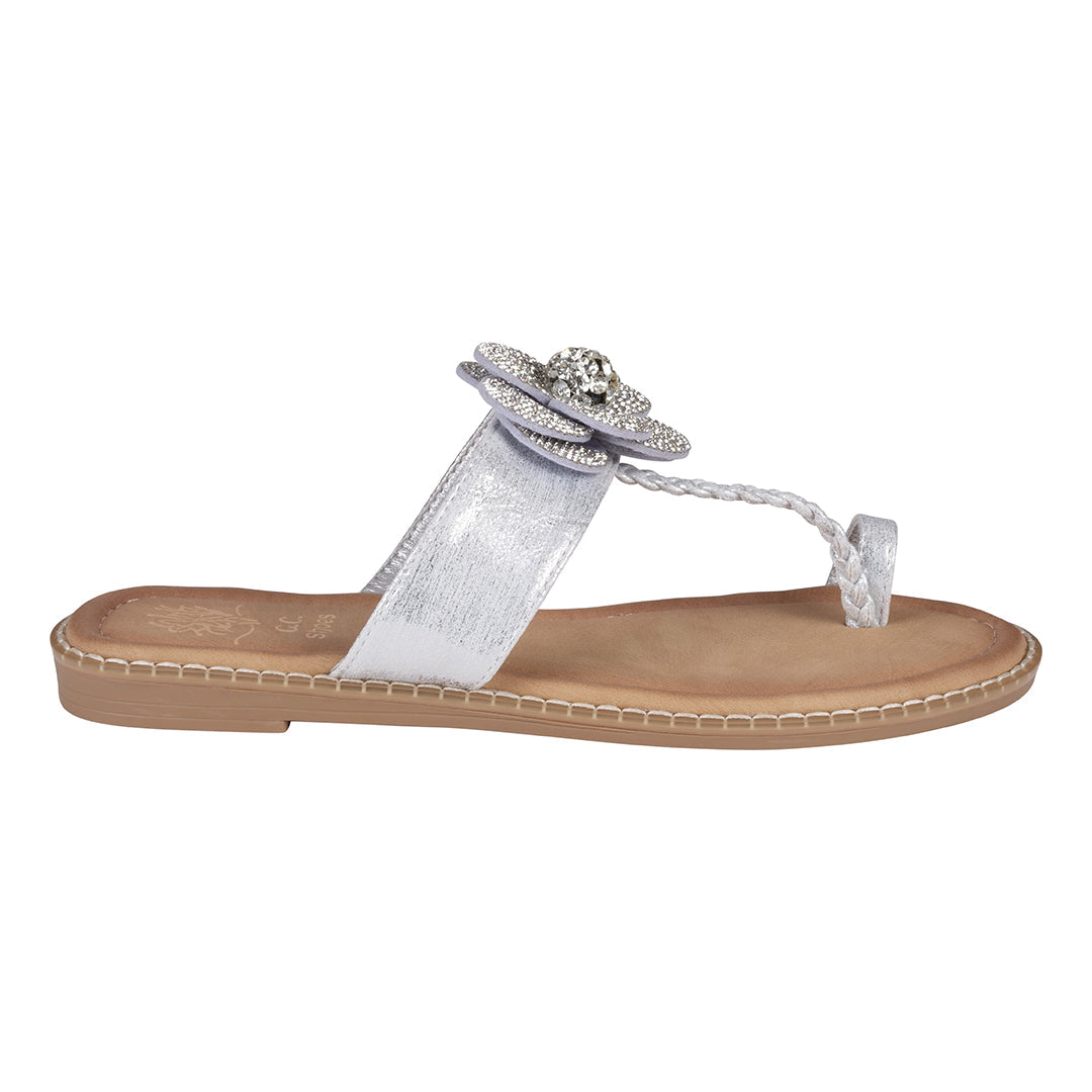 Women's Blossom Silver Embellished Flower Toe Ring Flat Sandals