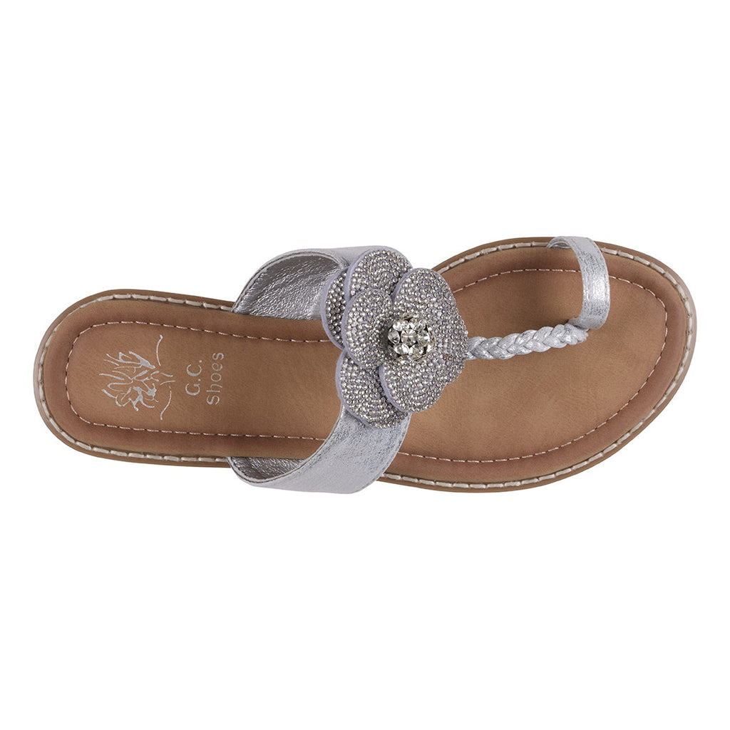 Women's Blossom Silver Embellished Flower Toe Ring Flat Sandals