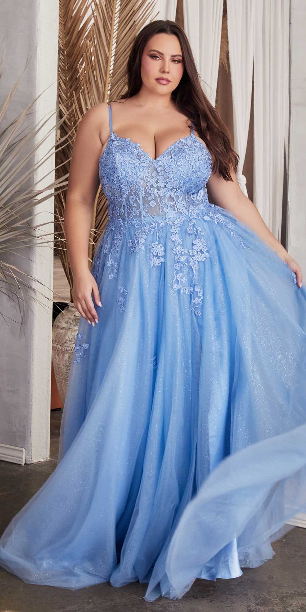 Ladivine C148 Long Strapless Lace and Tulle Glitter A-Line Ballgown