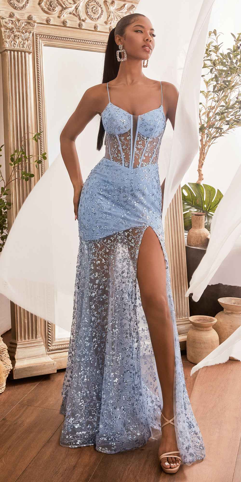 Ladivine C155 Long Glitter Floral Print Motif Sheer Bodice Fitted Gown