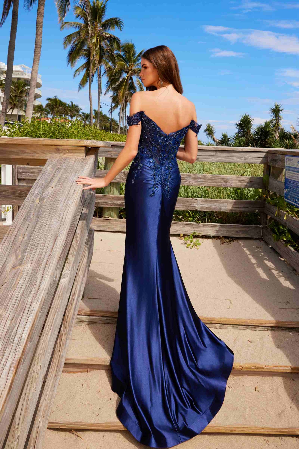 Nox Anabel C1647 Satin Sweetheart Off-Shoulder Sheer Boned Bodice Dress
