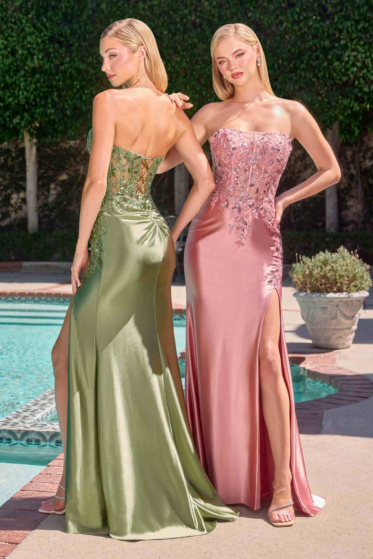 Ladivine C168 Fitted Strapless Floral Beaded Stretch Satin Gown