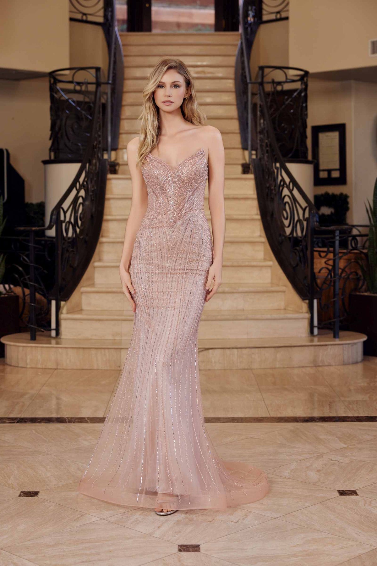 Nox Anabel C1844 Strapless Beaded Tulle Prom Gown Peaked Neckline
