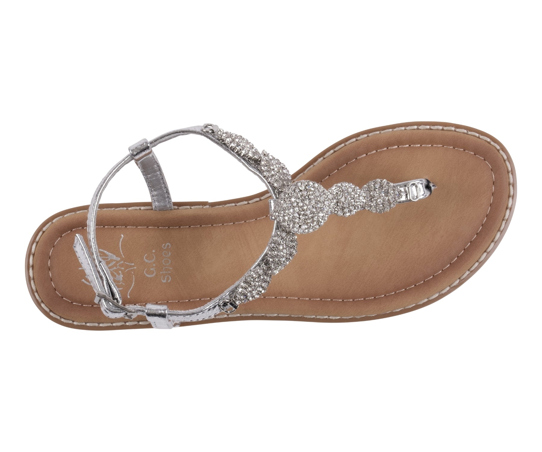 Cali Silver Jeweled T-Strap Slingback Flat Sandals