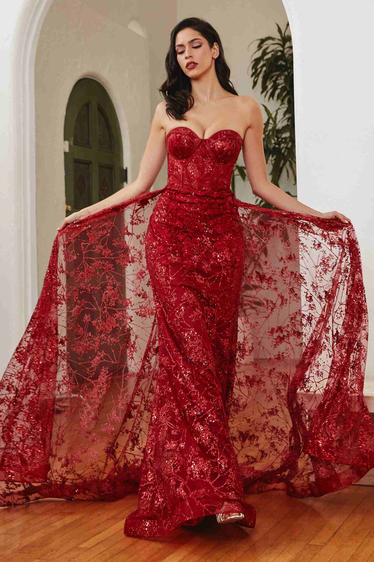 Ladivine CB046 Strapless Fitted Gown Floral Applique And Glitter Tulle Overskirt