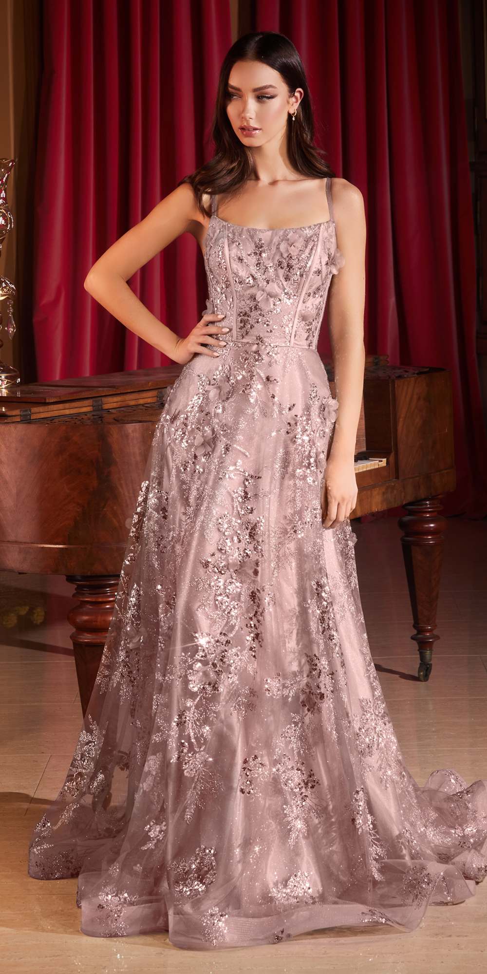 Ladivine CB144 Long Sequin Floral Printed A-Line Dress