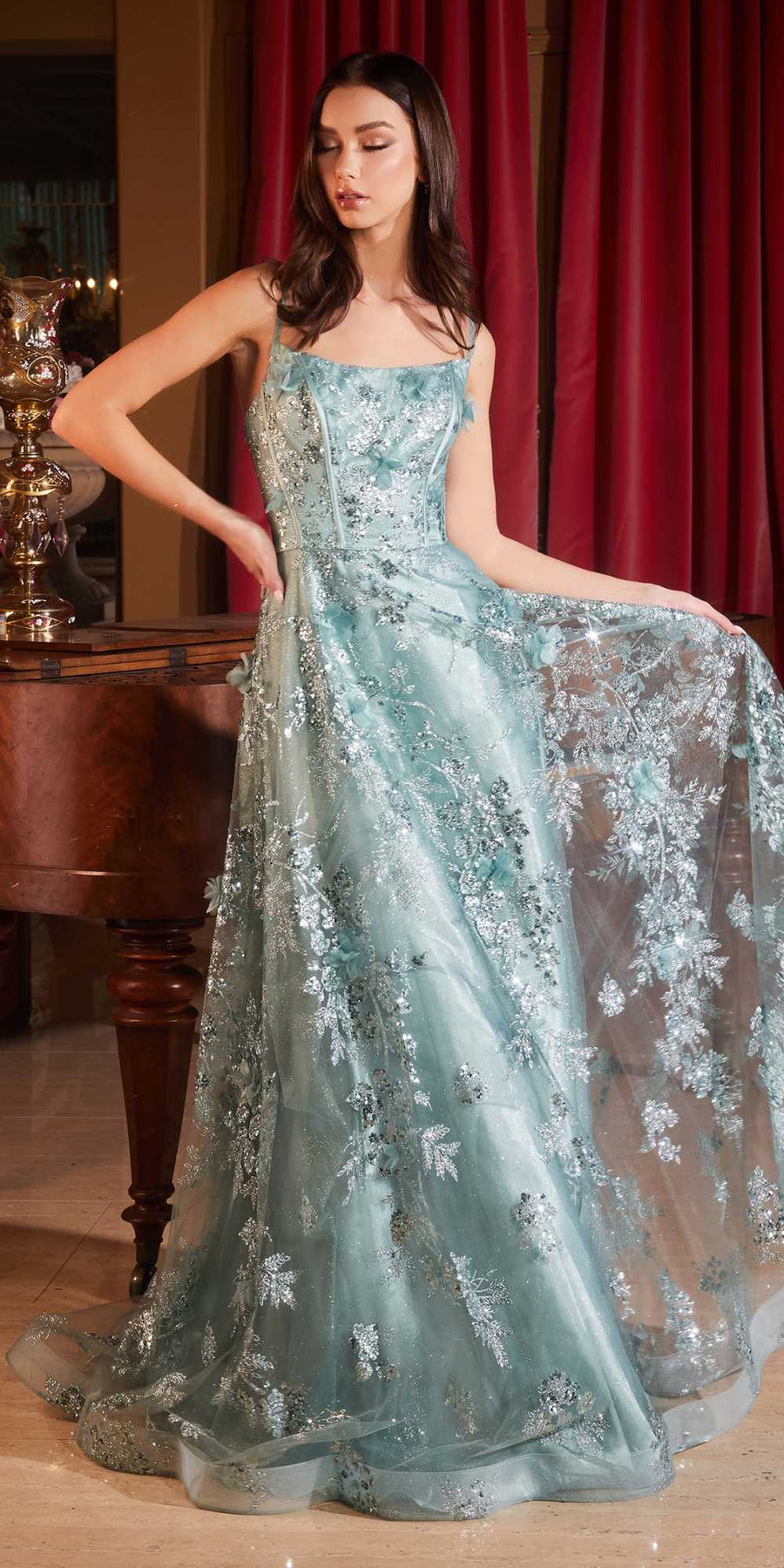 Ladivine CB144 Long Sequin Floral Printed A-Line Dress