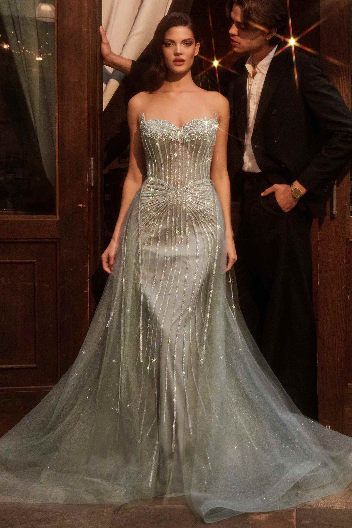 Ladivine CB158 Strapless Crystal Embellished Gown With Overskirt