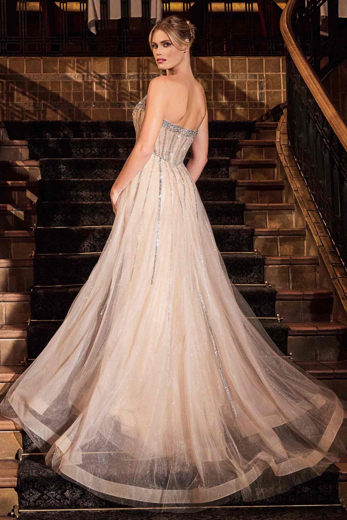 Ladivine CB158 Strapless Crystal Embellished Gown With Overskirt