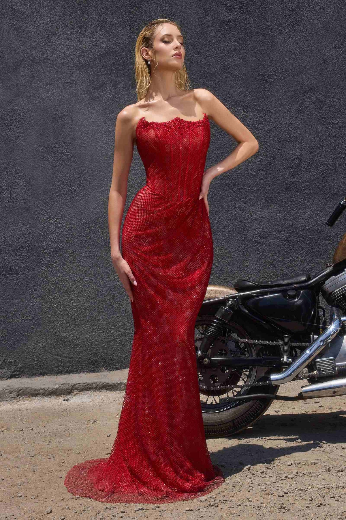 Ladivine CB162 Fitted Strapless Scoop Neck Leg Slit Beaded Gown