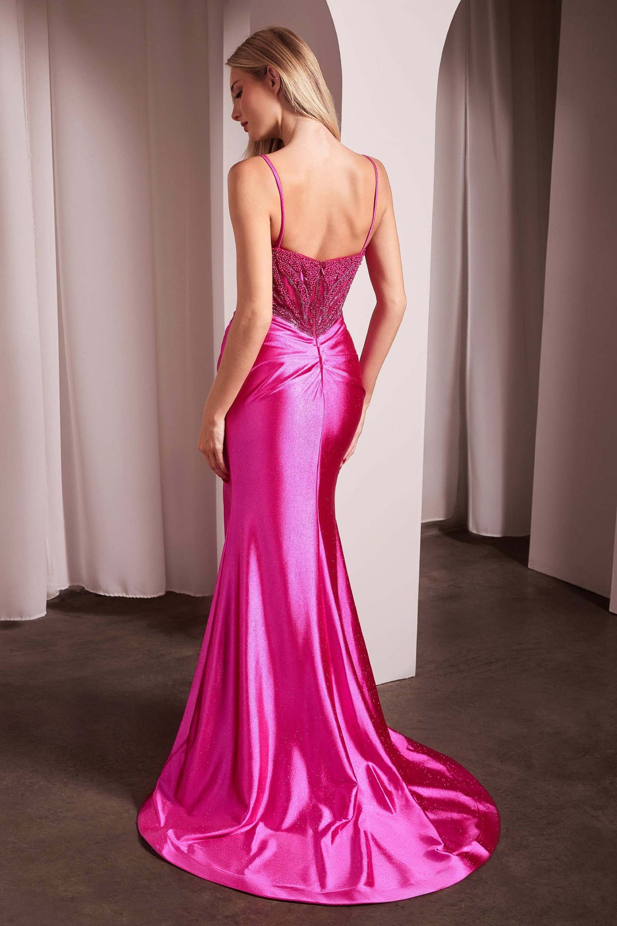 Ladivine CC0238 Dress Pearl Embellished Stretch Satin Glimmering Gown