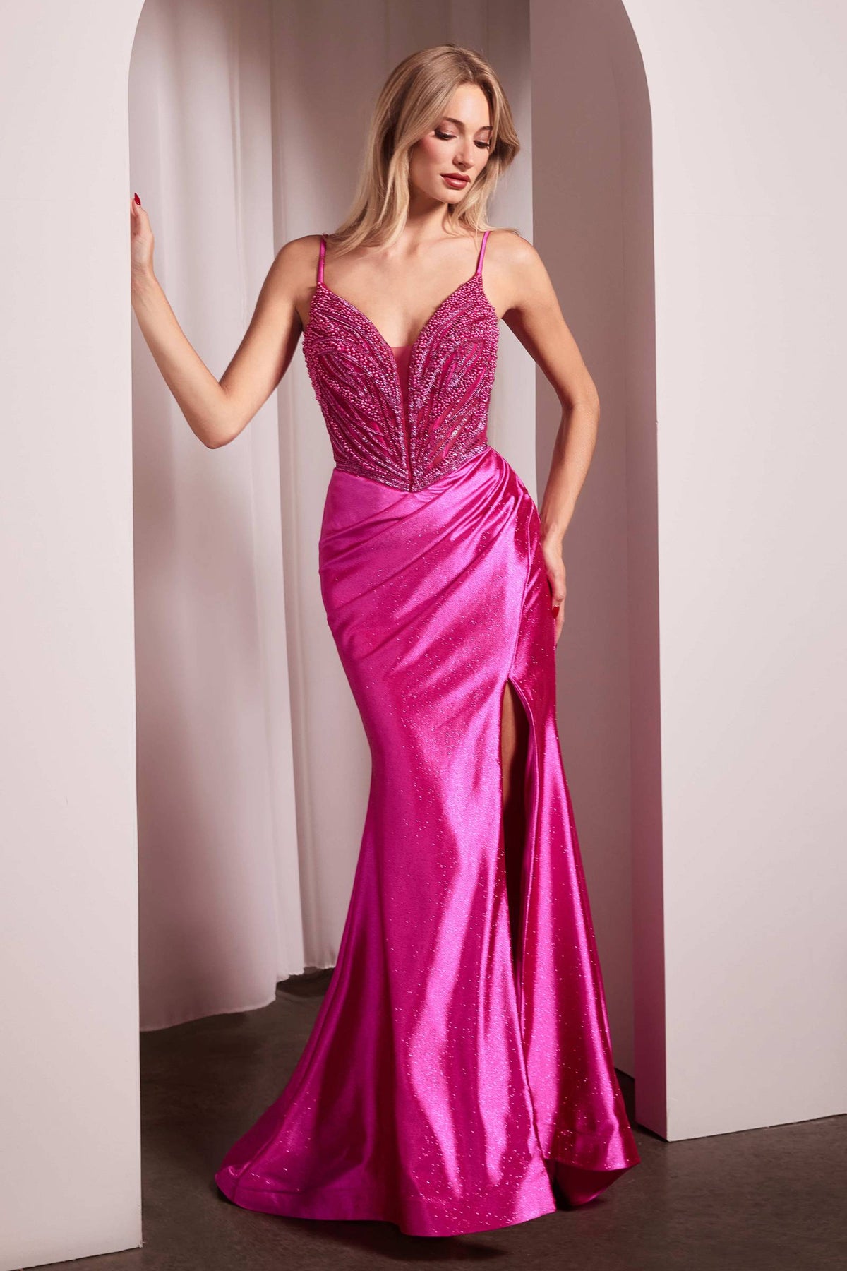 Ladivine CC0238 Dress Pearl Embellished Stretch Satin Glimmering Gown