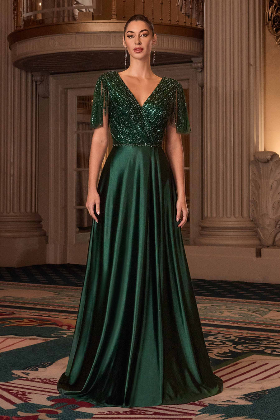 Ladivine CC447 Flutter Sleeves V-Neckline A-Line Satin Evening Gown