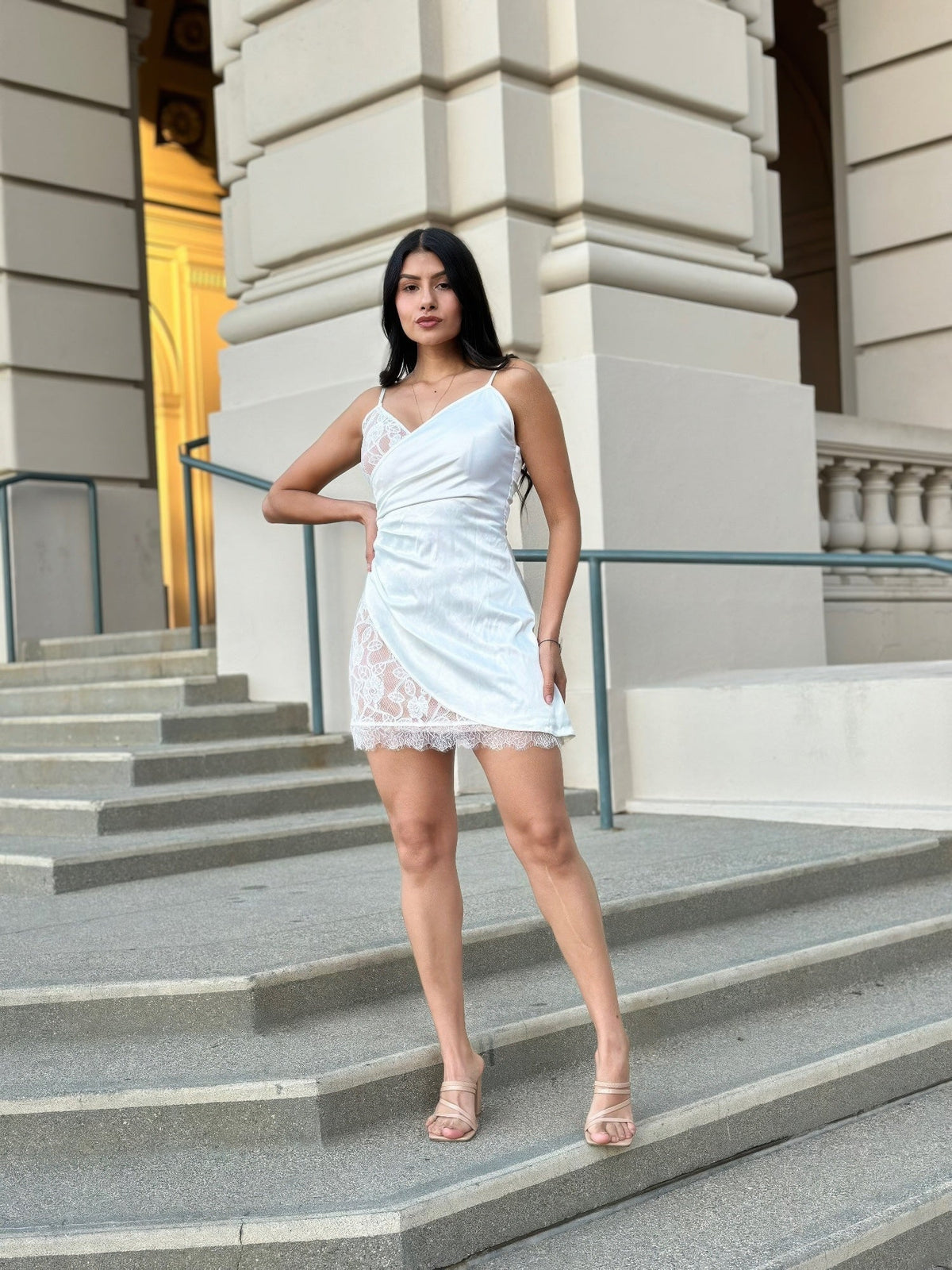 Sexy Party Satin Wrap Like & Lace Nude Mini Dress
