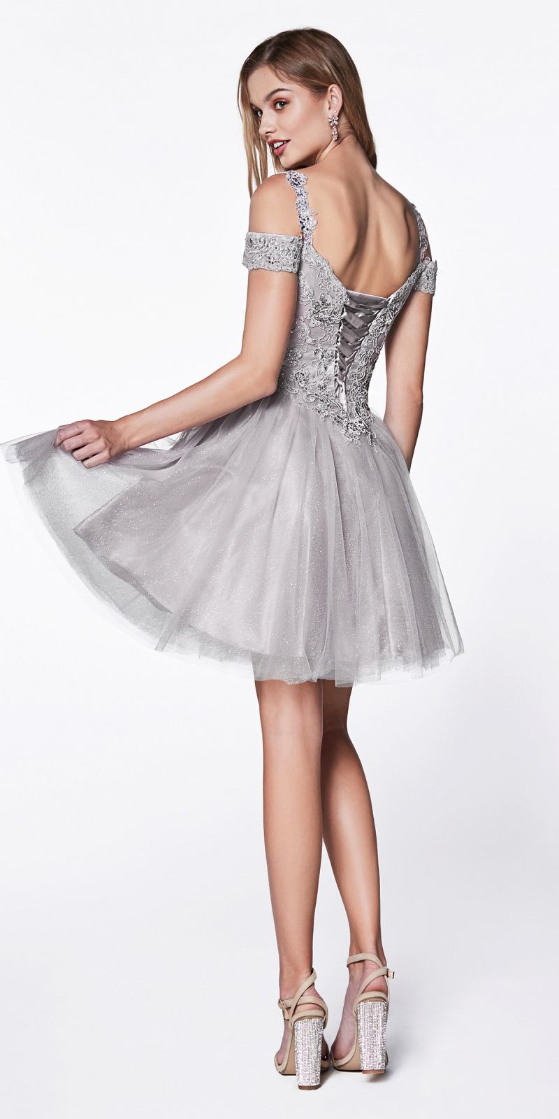 CLEARANCE - Cinderella Divine CD0132 Short A-Line Dress Off Shoulder Glitter Tulle Skirt (Size S)