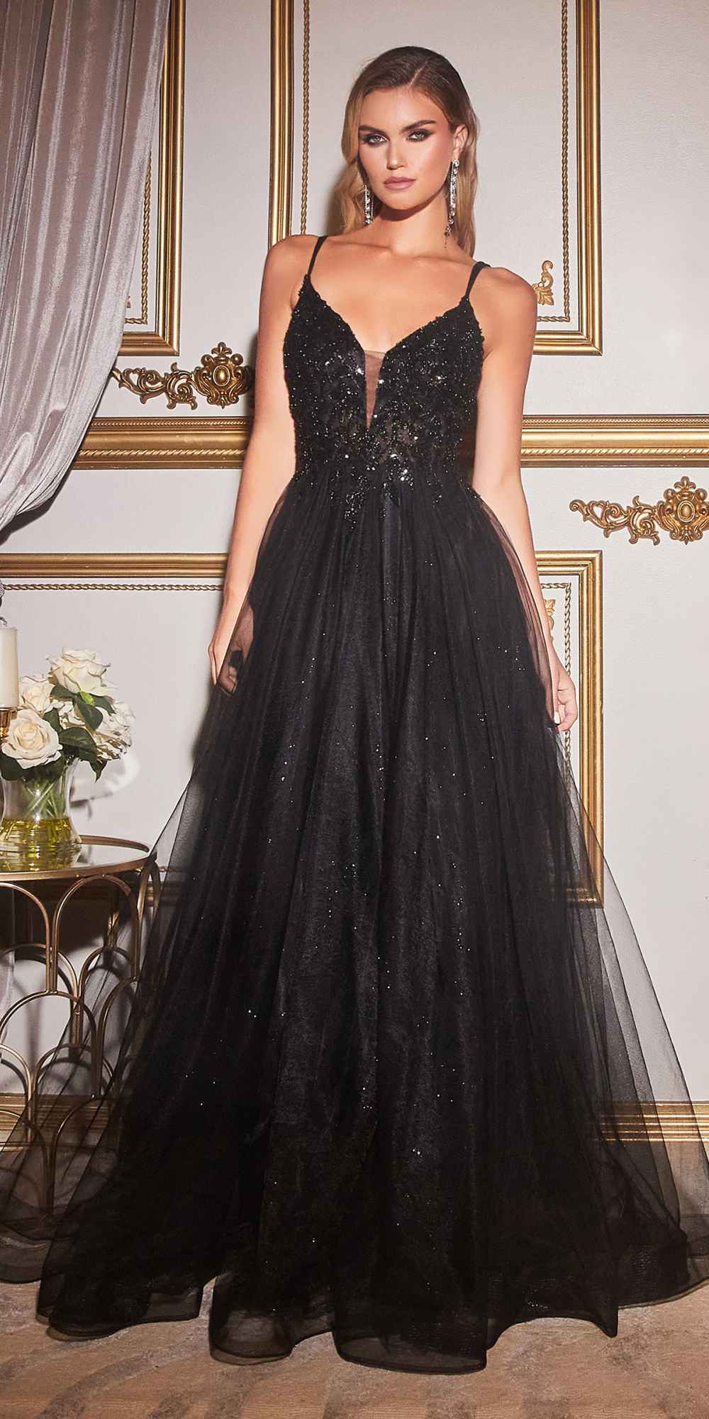 Cinderella Divine CD0154 Long Dress Beaded Applique Bodice Layered Tulle Skirt