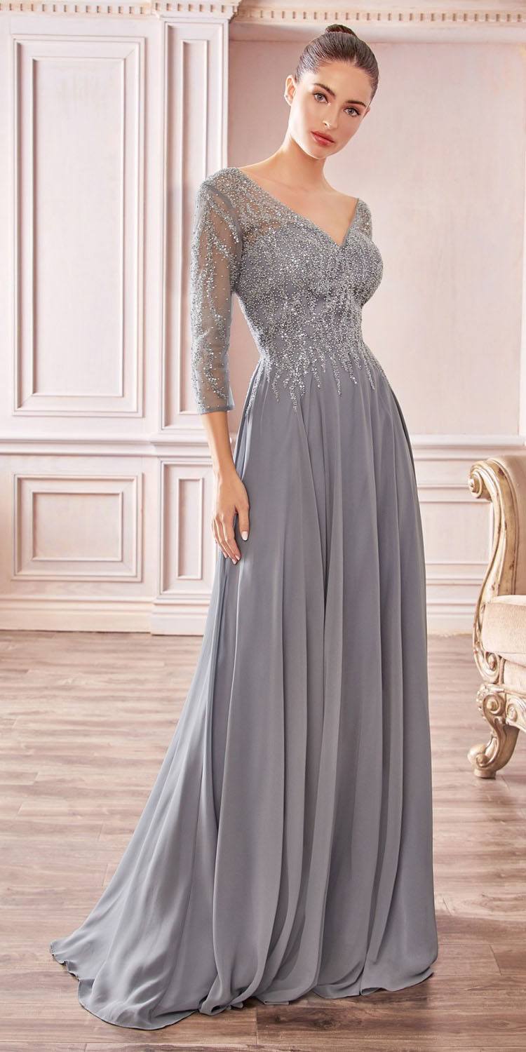 Cinderella Divine CD0171 Flowy Chiffon A-Line Gown 3/4 Length Sleeves
